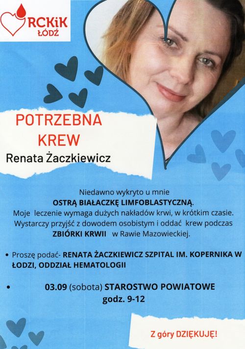 Plakat - zbiórka krwi dla Renaty Rzaczkiewicz